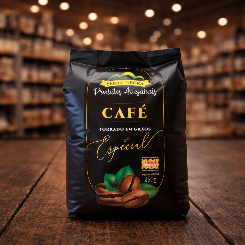 Pacote do Café Ké Queijo entre grãos torrados